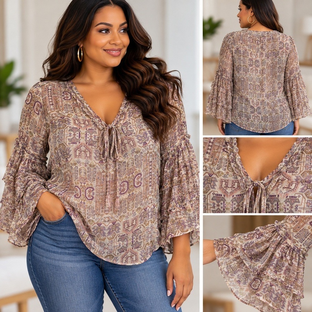 William Rast Haley Blouse Multi Queen Geometric Print Bell Sleeve V-Neck XS NEW